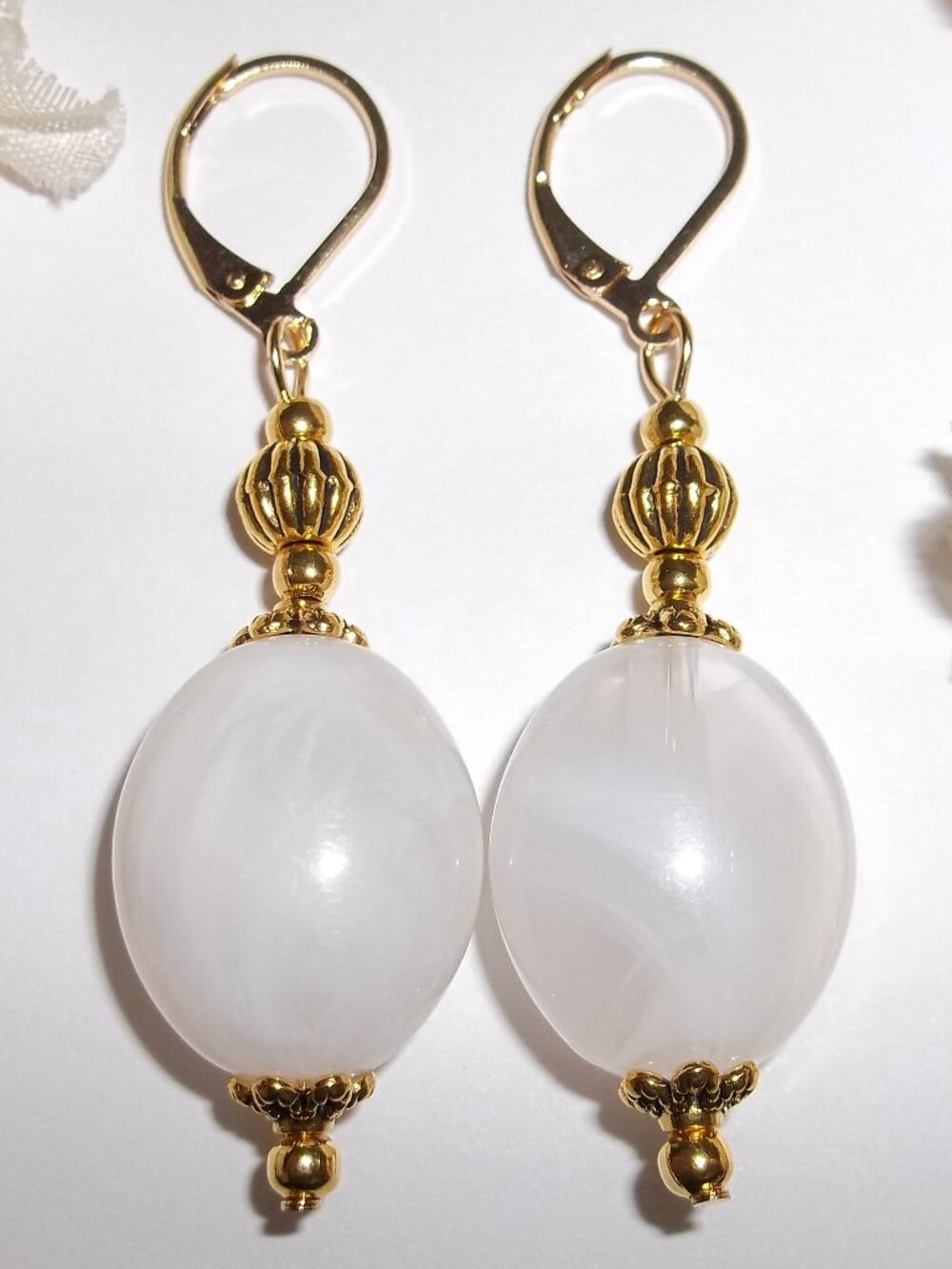 White Earrings Gold Dangle Drop Jewelry Gift Idea for Her Beaded Woman D9130